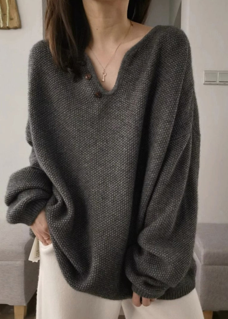 Italian Grey V Neck Thick Cozy Knit Pullover Fall