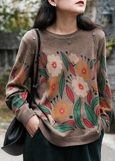 Italian Khaki O-Neck Print Button Fall Sweater - bagstylebliss