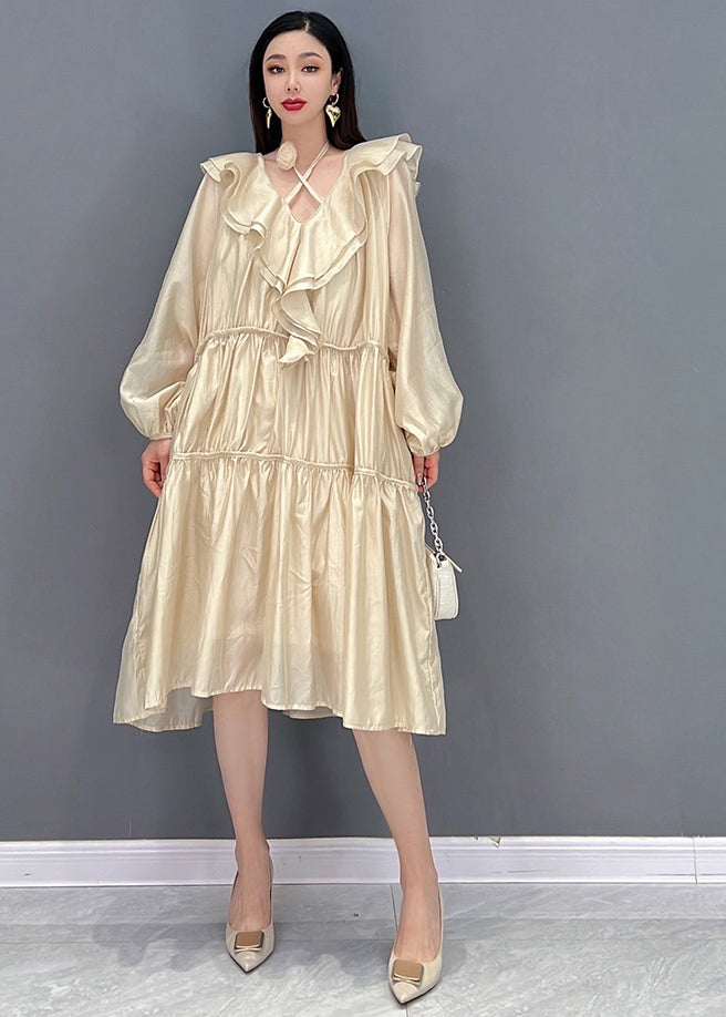 Italian Khaki Ruffled Patchwork Wrinkled Long Dress Long Sleeve