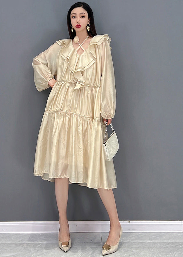 Italian Khaki Ruffled Patchwork Wrinkled Long Dress Long Sleeve