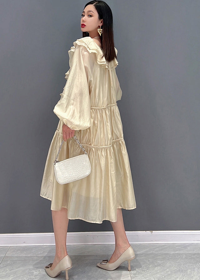 Italian Khaki Ruffled Patchwork Wrinkled Long Dress Long Sleeve