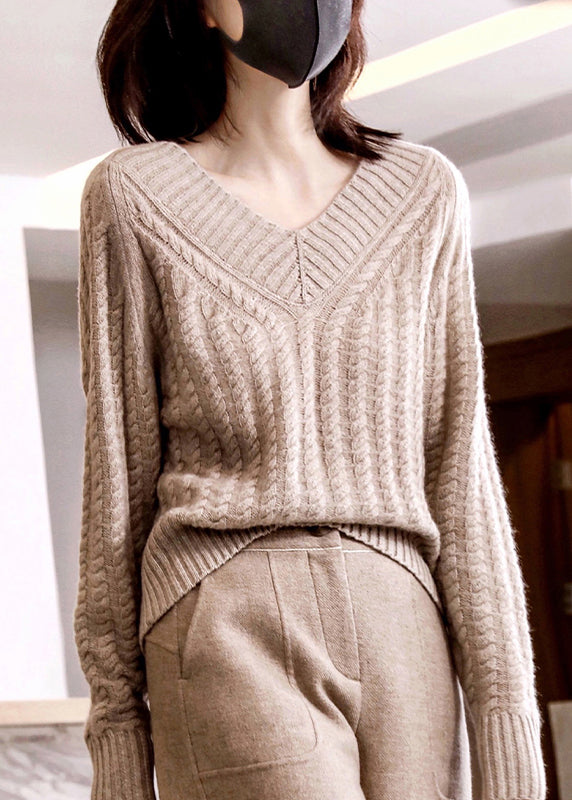 Italian Khaki V Neck Loose Woolen Cable Knit Sweaters Fall