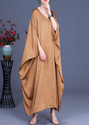 Italian Khaki V Neck Silk Robe Dresses Spring