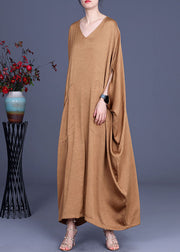 Italian Khaki V Neck Silk Robe Dresses Spring