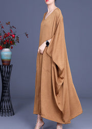 Italian Khaki V Neck Silk Robe Dresses Spring