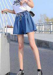 Italian Light Blue Elastic Waist drawstring Pockets Cotton Pleated Short Pants Summer