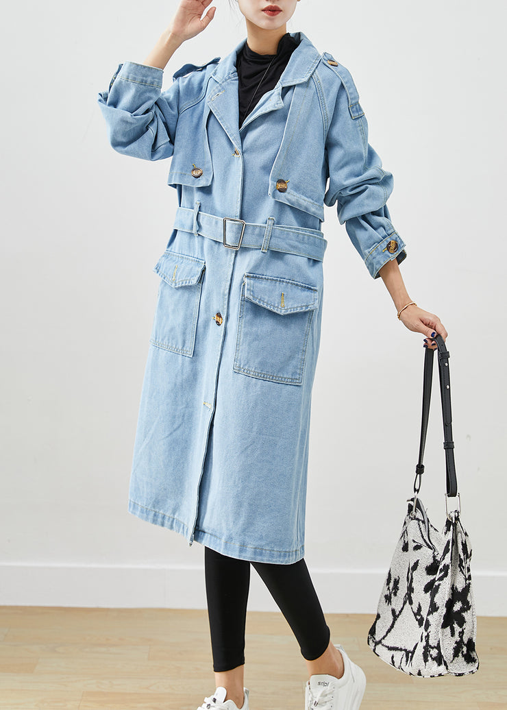 Italian Light Blue Notched Tie Waist Denim Trench Coat Fall