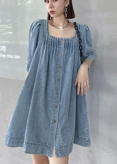 Italian Light Blue Square Collar Button Denim Summer Mini Dress - bagstylebliss