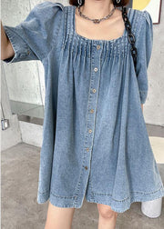 Italian Light Blue Square Collar Button Denim Summer Mini Dress - bagstylebliss