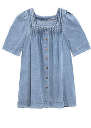 Italian Light Blue Square Collar Button Denim Summer Mini Dress - bagstylebliss