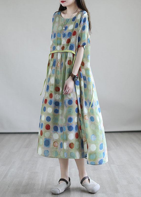 Italian Light Green Drawstring Patchwork Print Summer Cotton Vacation Dresses - bagstylebliss