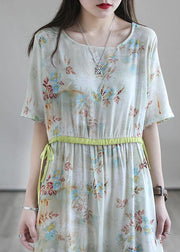 Italian Light Green Drawstring Patchwork Print Summer Cotton Vacation Dresses - bagstylebliss