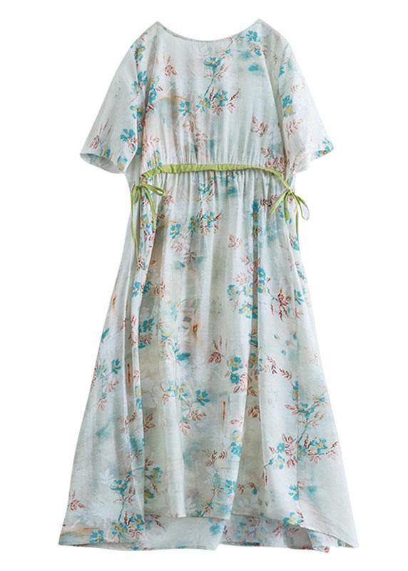 Italian Light Green Drawstring Patchwork Print Summer Cotton Vacation Dresses - bagstylebliss