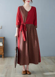 Italian Mulberry V Neck Asymmetrical Patchwork Striped Button Pockets Tie Waist Linen Dress Three Quarter Sleeve