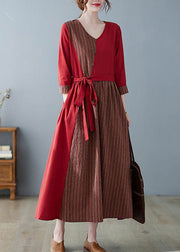 Italian Mulberry V Neck Asymmetrical Patchwork Striped Button Pockets Tie Waist Linen Dress Three Quarter Sleeve