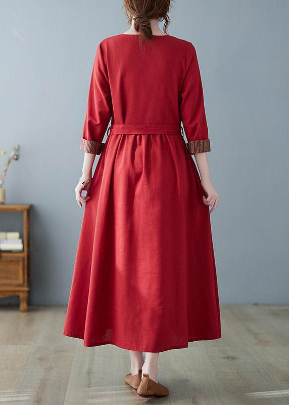 Italian Mulberry V Neck Asymmetrical Patchwork Striped Button Pockets Tie Waist Linen Dress Three Quarter Sleeve