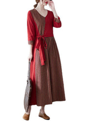 Italian Mulberry V Neck Asymmetrical Patchwork Striped Button Pockets Tie Waist Linen Dress Three Quarter Sleeve