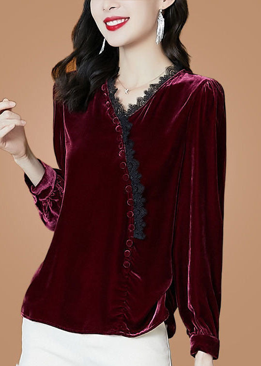 Italian Mulberry V Neck Silk Velour Top Long Sleeve