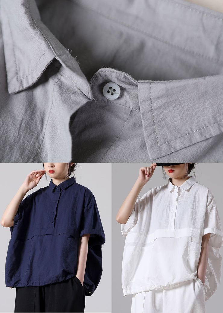 Italian Navy Peter Pan Collar Pockets Cotton Blouse Tops Short Sleeve