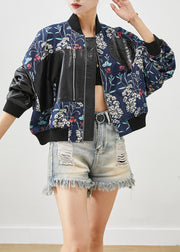 Italian Navy Print Faux Leather Patchwork Cotton Filled Denim Jacket Fall