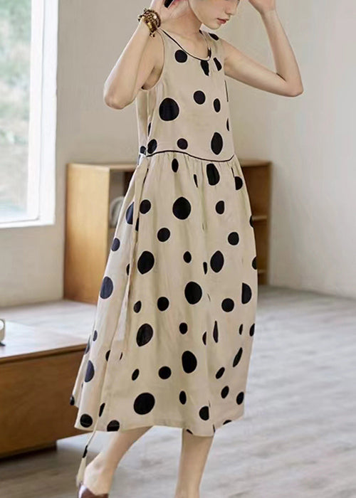 Italian O Neck Dot Tie Waist Cotton Long Dress Sleeveless