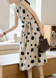 Italian O Neck Dot Tie Waist Cotton Long Dress Sleeveless