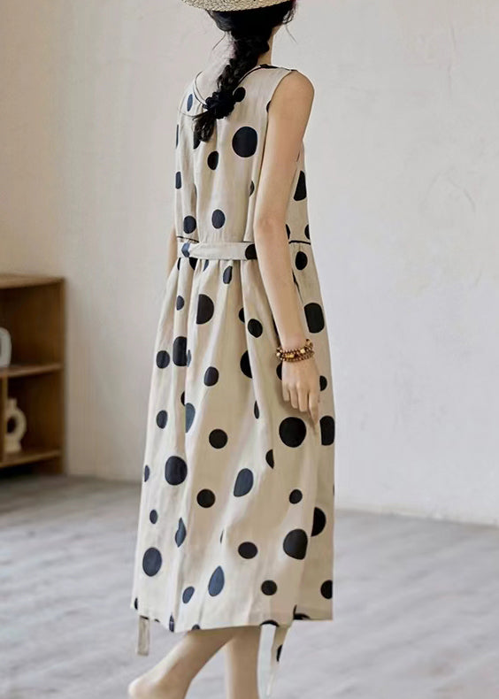 Italian O Neck Dot Tie Waist Cotton Long Dress Sleeveless