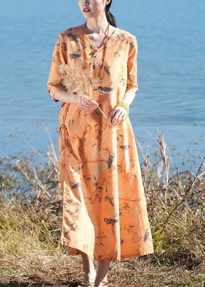 Italian O Neck Half Sleeve Dress Yellow Flower And Bird Print Maxi Dress - bagstylebliss