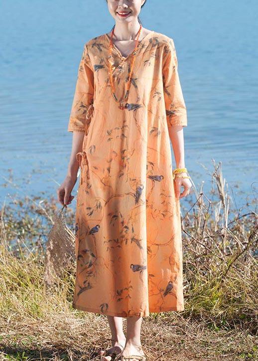 Italian O Neck Half Sleeve Dress Yellow Flower And Bird Print Maxi Dress - bagstylebliss