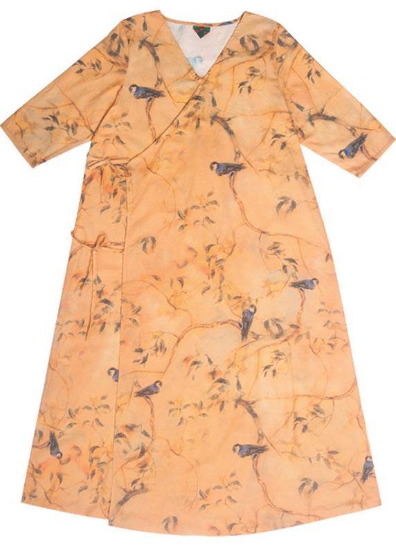 Italian O Neck Half Sleeve Dress Yellow Flower And Bird Print Maxi Dress - bagstylebliss