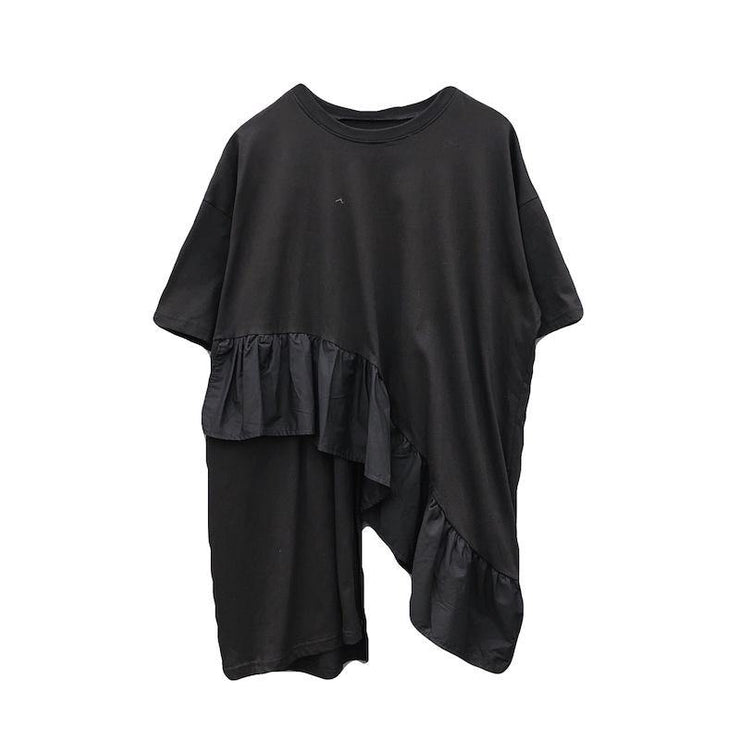 Italian O Neck Ruffles Asymmetric Tunic Top Fashion Ideas Black Blouses - bagstylebliss