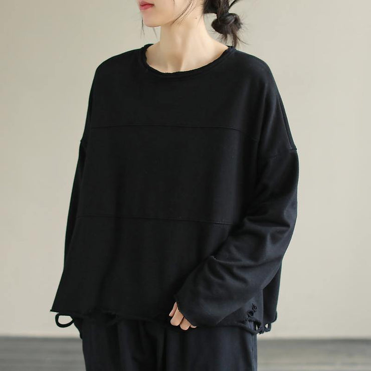 Italian O Neck cotton Spring Tunic pattern pattern Black blouse - bagstylebliss