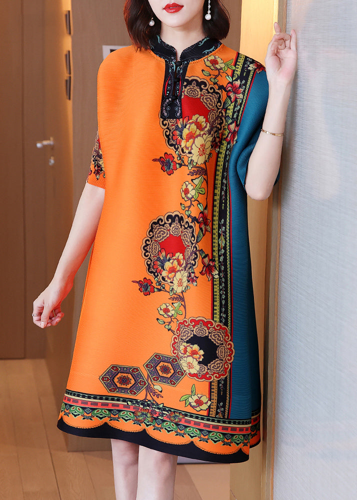 Italian Orange Blue Stand Collar Print Silk Vacation Dresses Short Sleeve