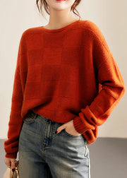 Italian Orange O Neck Cozy Patchwork Knit Woolen Sweater Fall