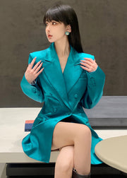 Italian Peacock Blue Notched Button Spandex Coats Long Sleeve