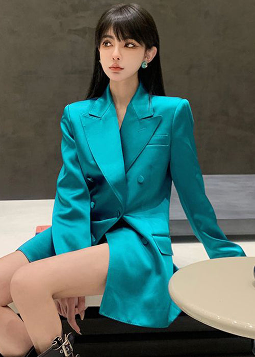 Italian Peacock Blue Notched Button Spandex Coats Long Sleeve