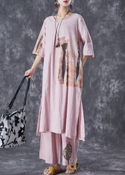 Italian Pink Oversized Print Linen Dress And Pants Women Sets 2 Pieces Summer