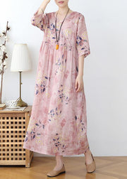 Italian Pink Print Cotton Orientaltie waist Spring Dress - bagstylebliss