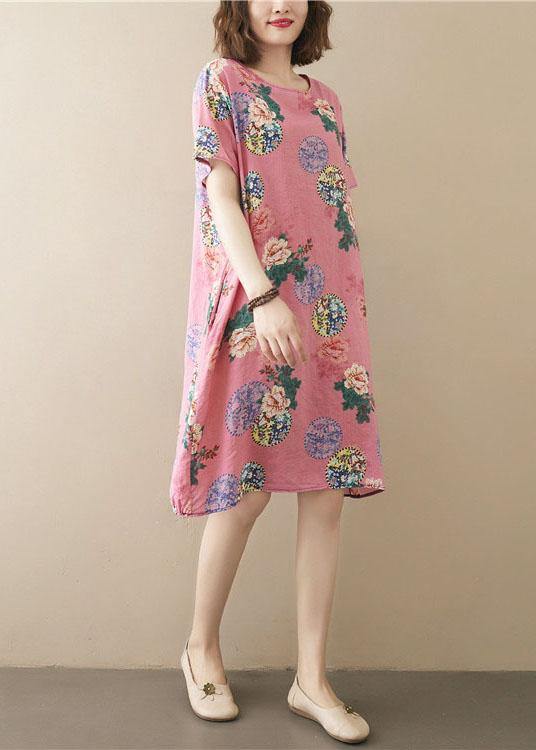 Italian Pink Print O-Neck Maxi Summer Cotton Dress - bagstylebliss