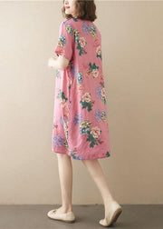 Italian Pink Print O-Neck Maxi Summer Cotton Dress - bagstylebliss