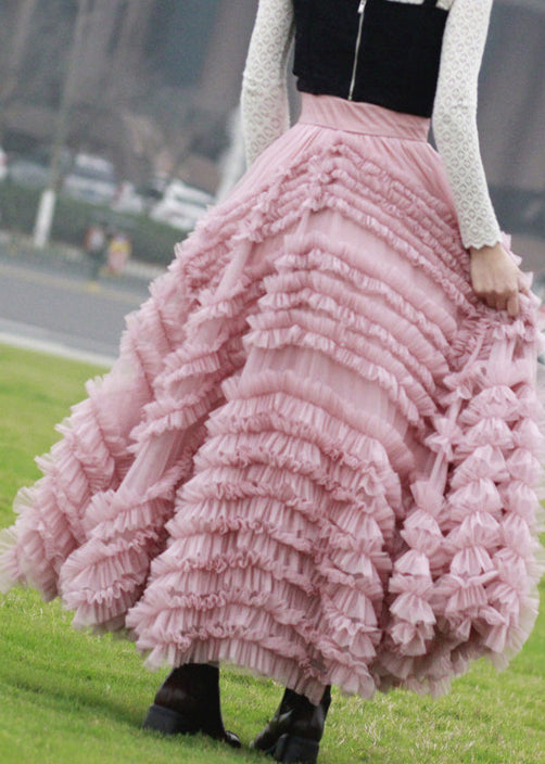 Italian Pink Ruffled High Waist Tulle Skirts Spring