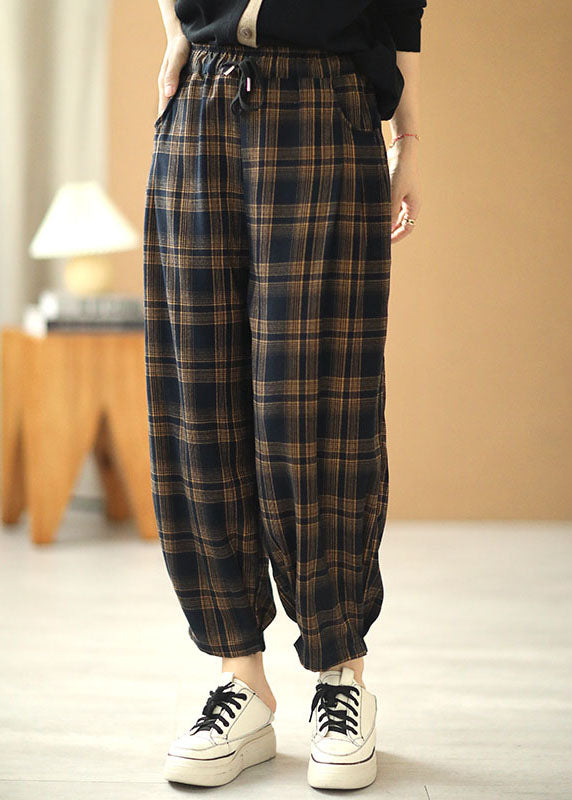 Italian Plaid Tie Waist Pockets Harem Fall Pants Cotton