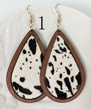 Italian Print Droplet Shape Wooden Material Genuine Cowhide Hair Leather Silver Earrings Ornaments