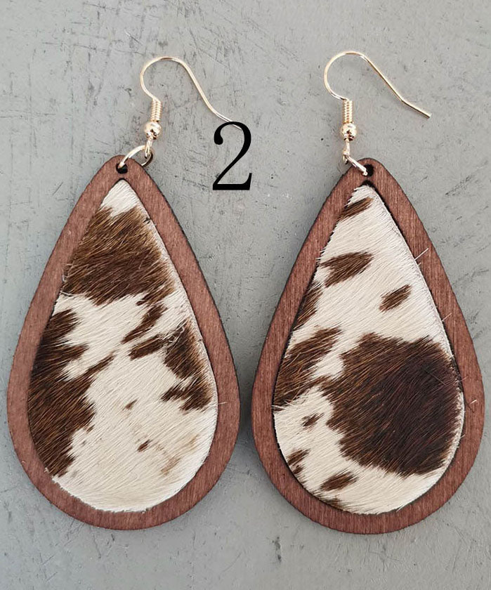 Italian Print Droplet Shape Wooden Material Genuine Cowhide Hair Leather Silver Earrings Ornaments