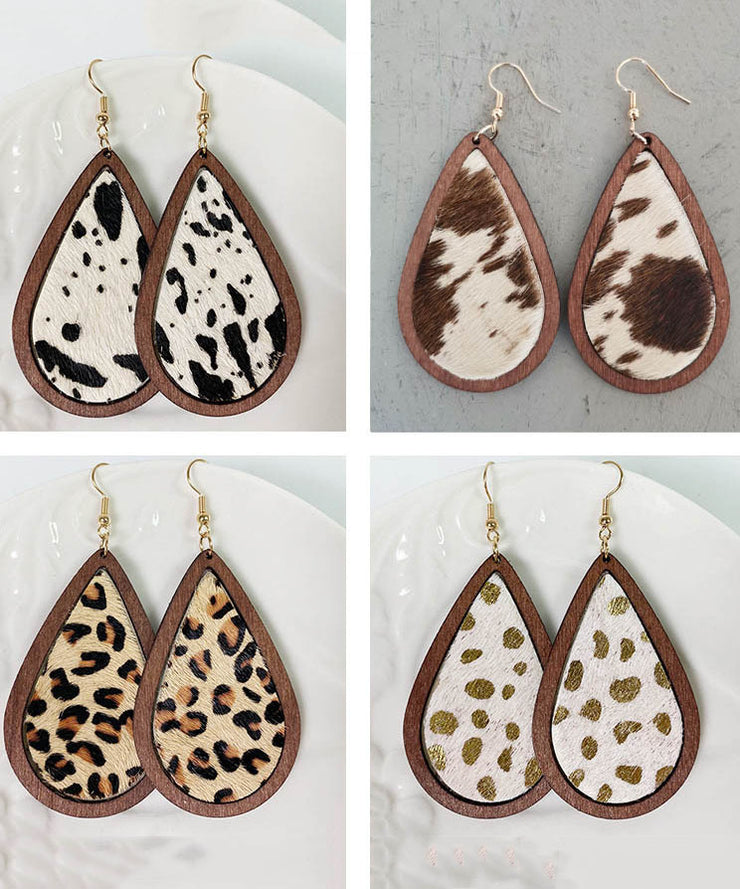 Italian Print Droplet Shape Wooden Material Genuine Cowhide Hair Leather Silver Earrings Ornaments