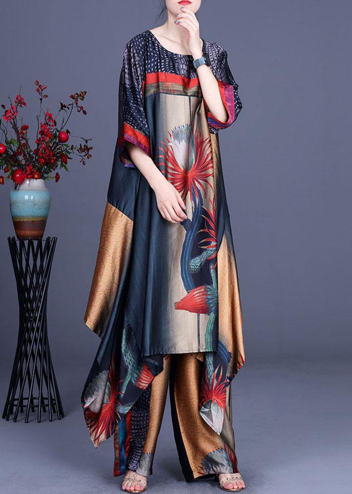 Italian Print Silk asymmetrical design Wide Leg Two Pieces Set - bagstylebliss