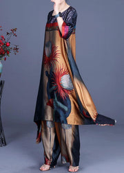 Italian Print Silk asymmetrical design Wide Leg Two Pieces Set - bagstylebliss