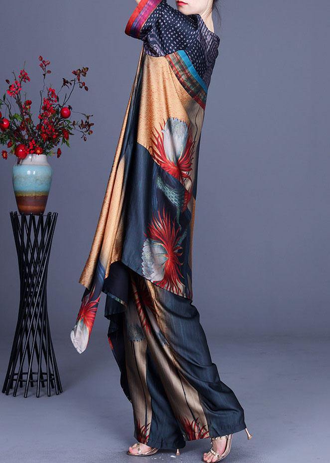 Italian Print Silk asymmetrical design Wide Leg Two Pieces Set - bagstylebliss
