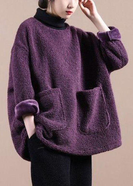 Italian Purple Faux Fur Turtle Neck Pockets Sweatshirts Top Winter