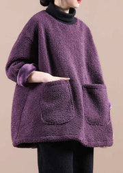 Italian Purple Faux Fur Turtle Neck Pockets Sweatshirts Top Winter